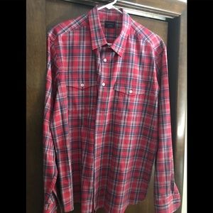 UnTuckit OJAI red blue and white plaid dress shirt